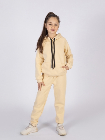 296-СЛ. Свитшот с капюшоном  + Штаны, хлопок 65%, 35% ПЭ, 3-х нитка (начес) сливочный  98,104,110,116